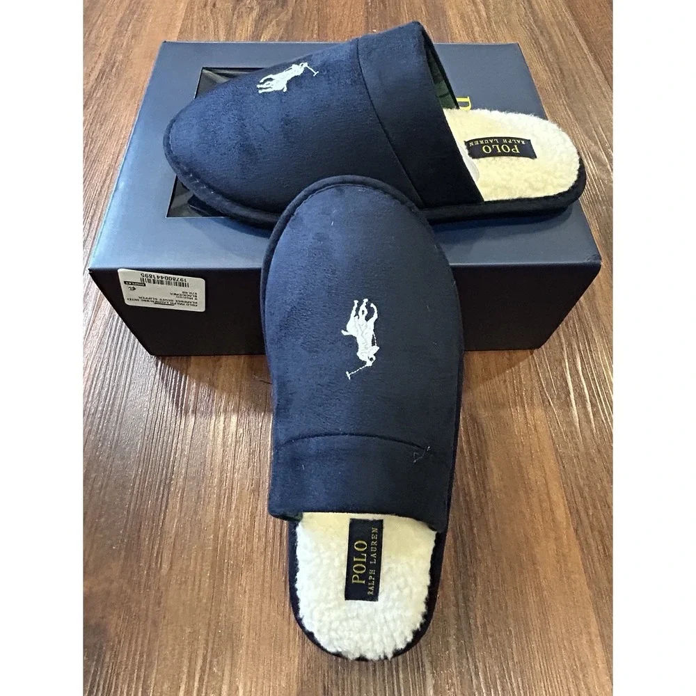 Polo Ralph Lauren Men's Klarence Scuff Slippers Navy, White Pony Sz 8 New In Box